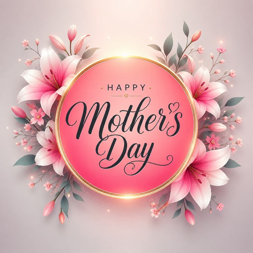 elegant happy mothers day card with pink lilies and gold frame design