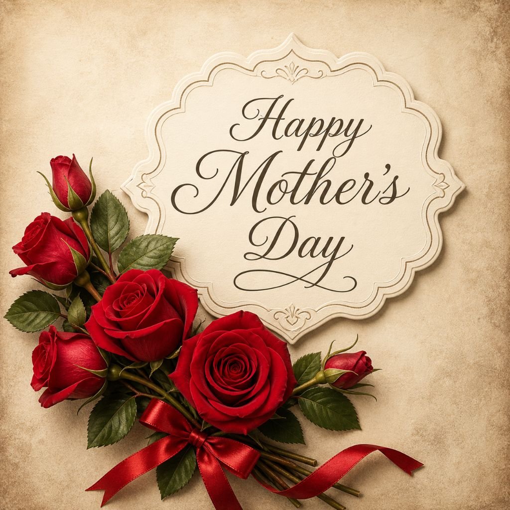 elegant happy mothers day card with red roses and vintage floral design