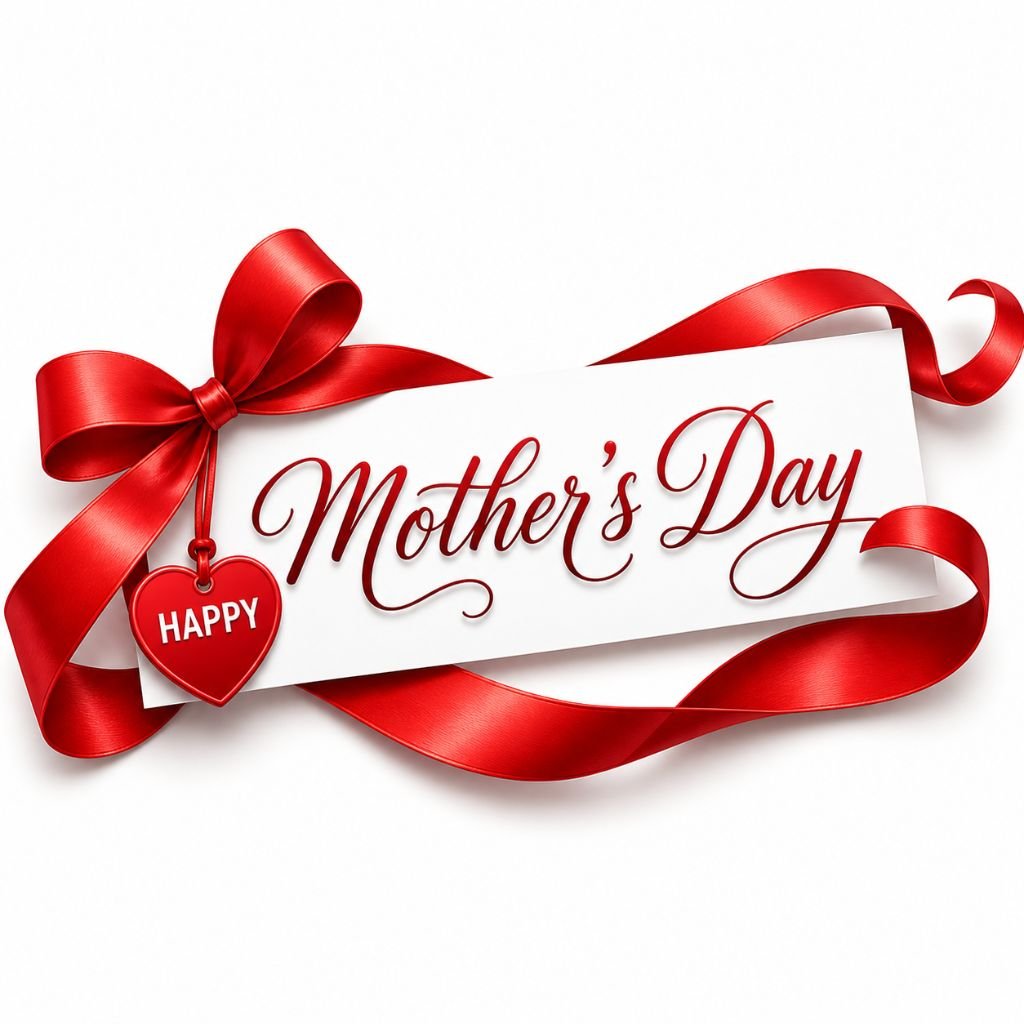 elegant mothers day card with red ribbon bow and heart tag design