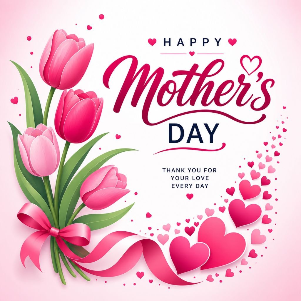 happy mothers day card with pink tulips, hearts