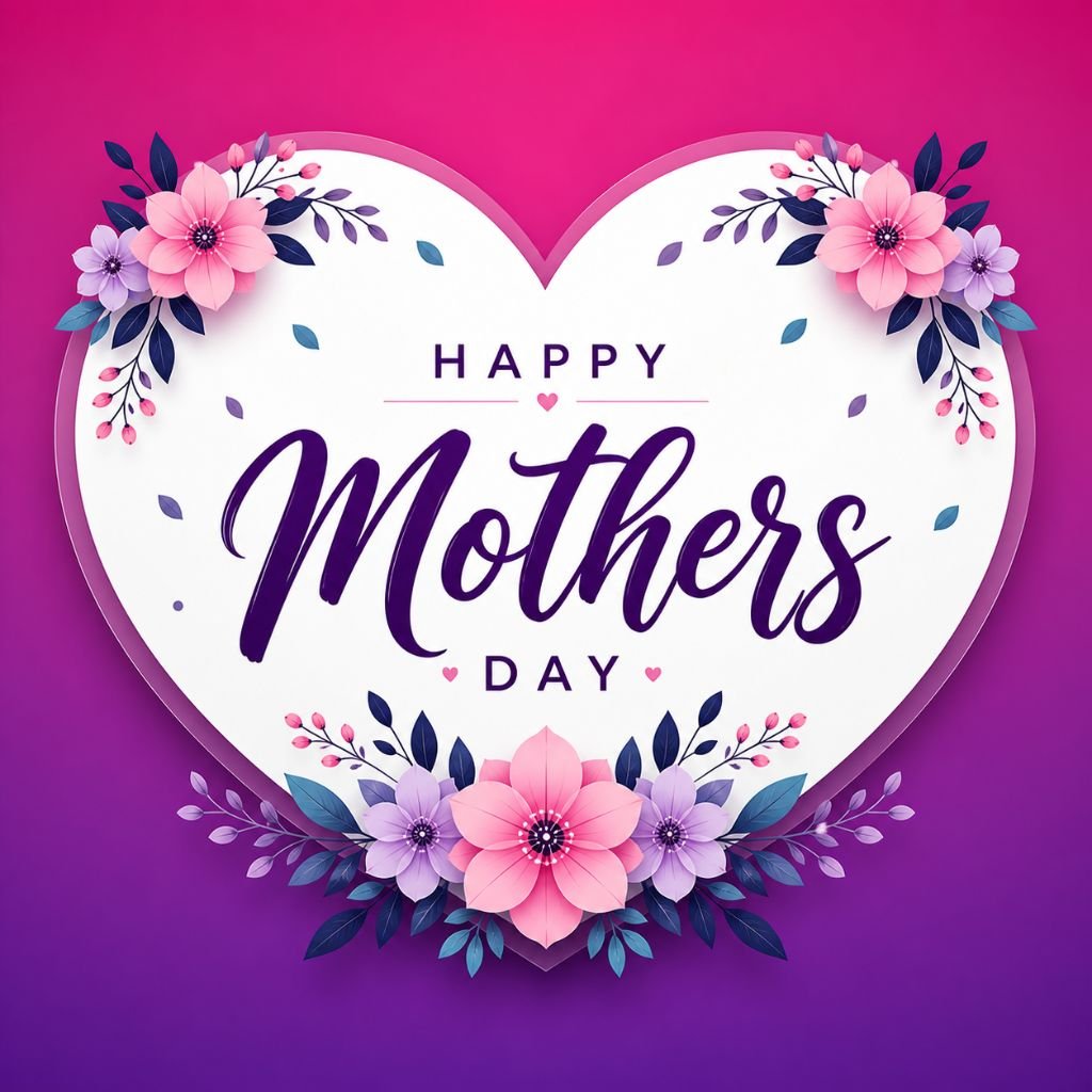 happy mothers day floral heart card with purple gradient background