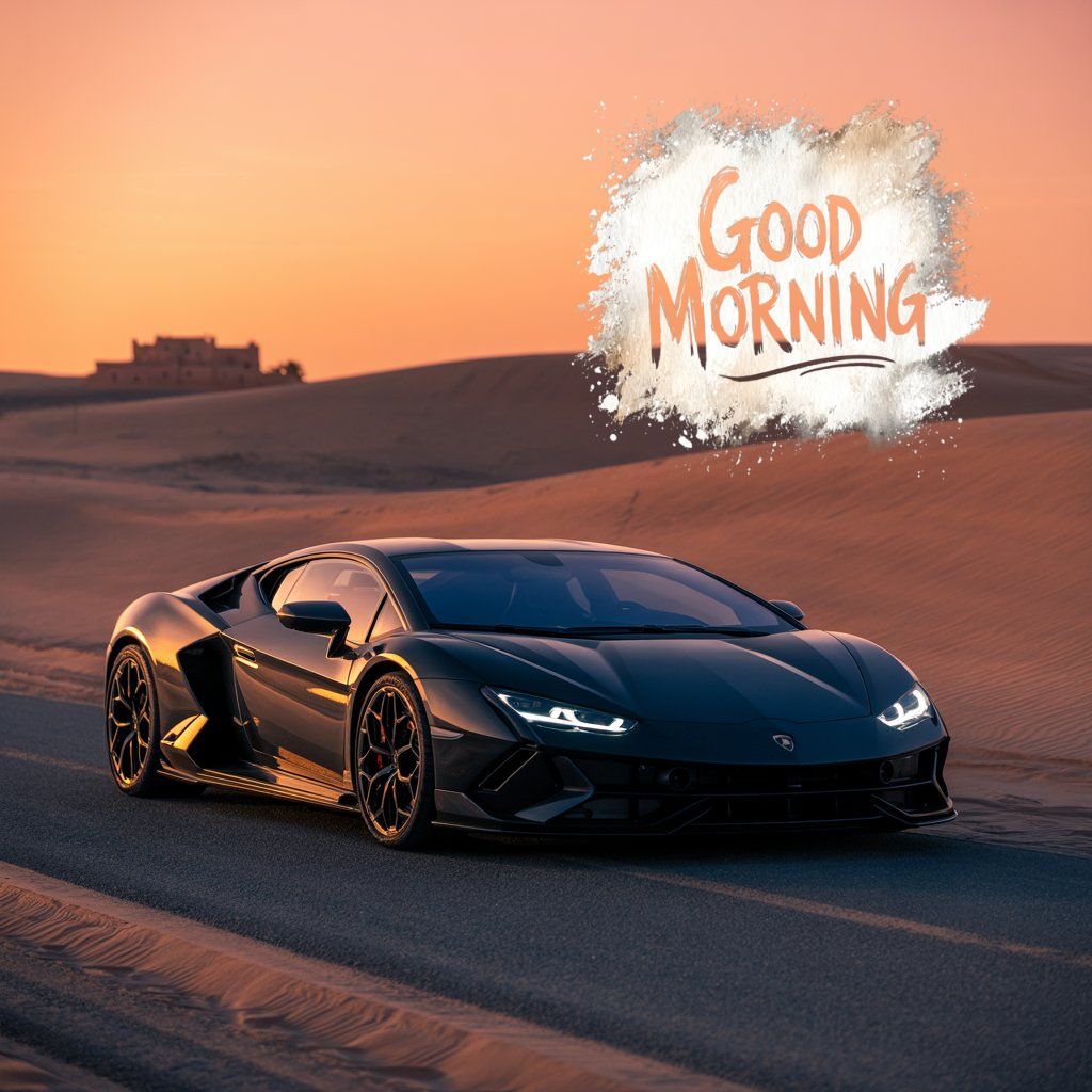 20+ Good Morning Image to Start Mornings with Smiles 17 A sleek black sports car driving through desert dunes at sunrise with a bold "Good Morning" graphic above