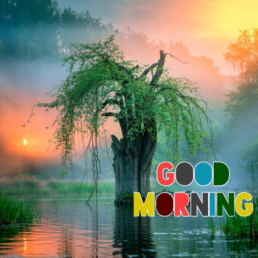 20+ Good Morning Image to Start Mornings with Smiles 7 A vibrant tree in the middle of a misty lake during sunrise with colorful "Good Morning" text