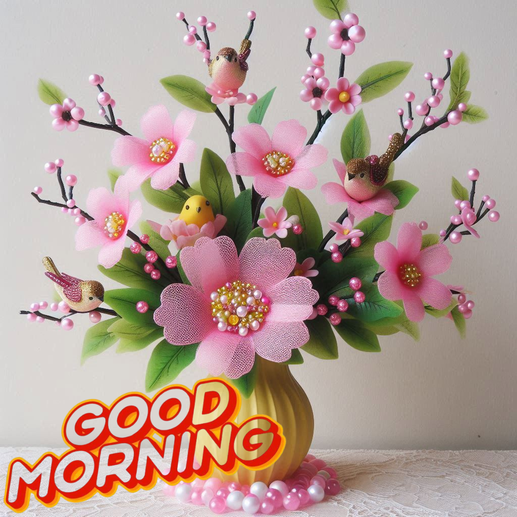 Artificial pink flowers with birds in vase, Good Morning message