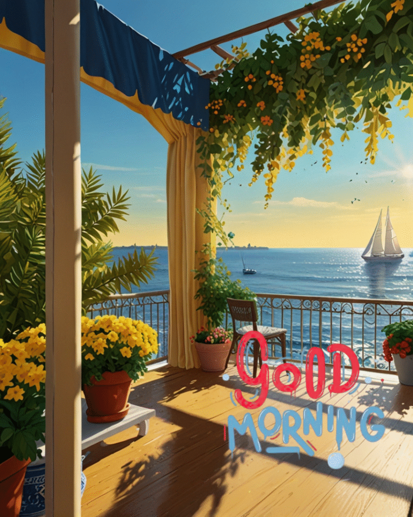 Balcony with flowers, ocean view, sailboat, and Good morning sunlight