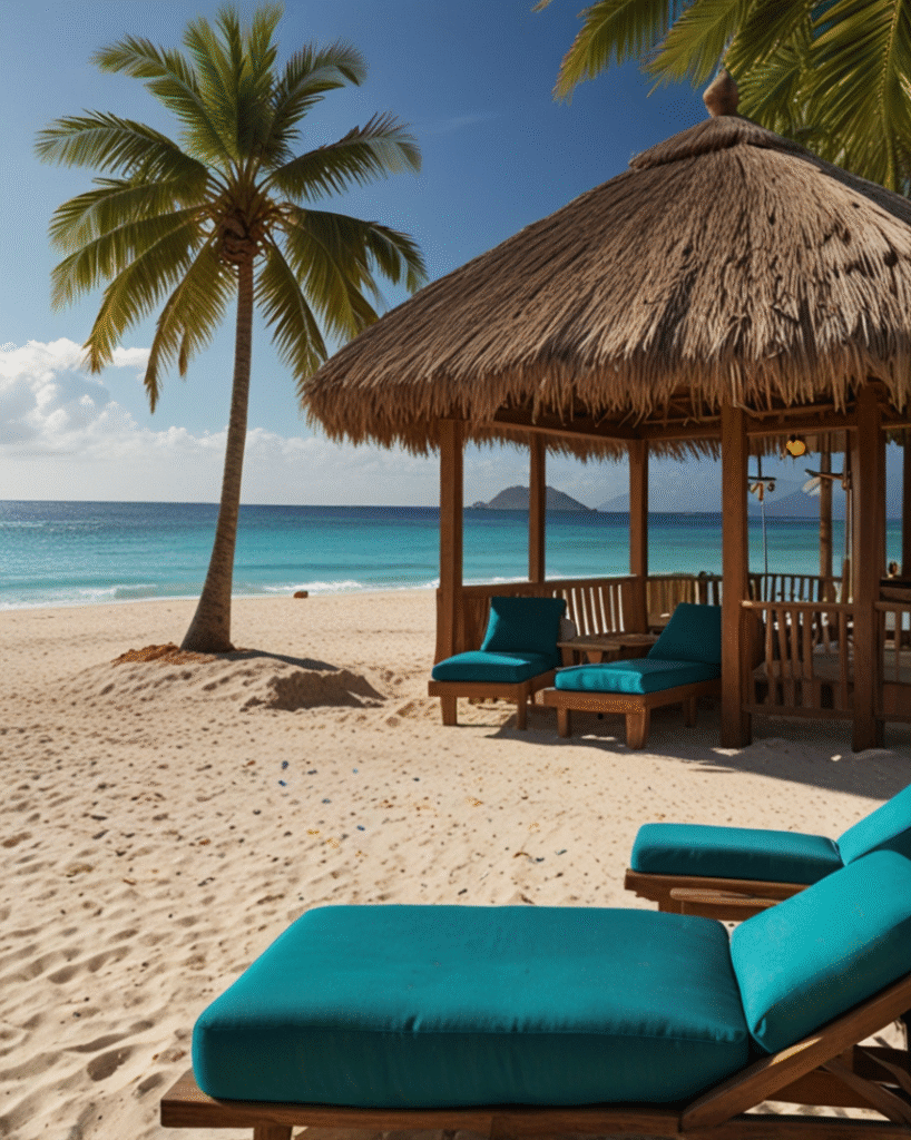 Beach cabana with turquoise loungers under palm trees by ocean wallpaper