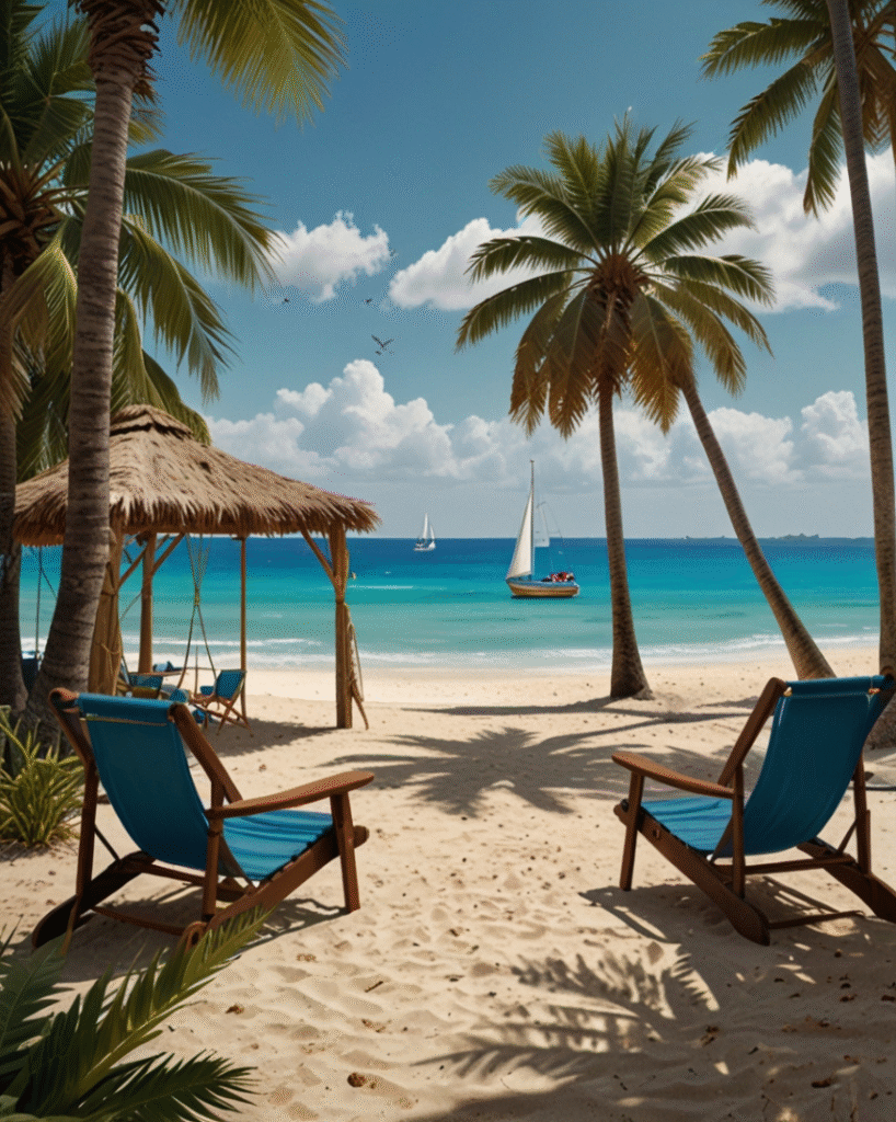 Beach chairs under palm trees facing ocean with sailboats visible wallpaper