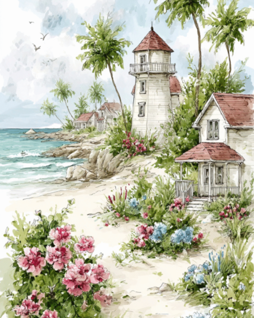 Beachside lighthouse, coastal houses, palm trees, and blooming flower garden wallpaper