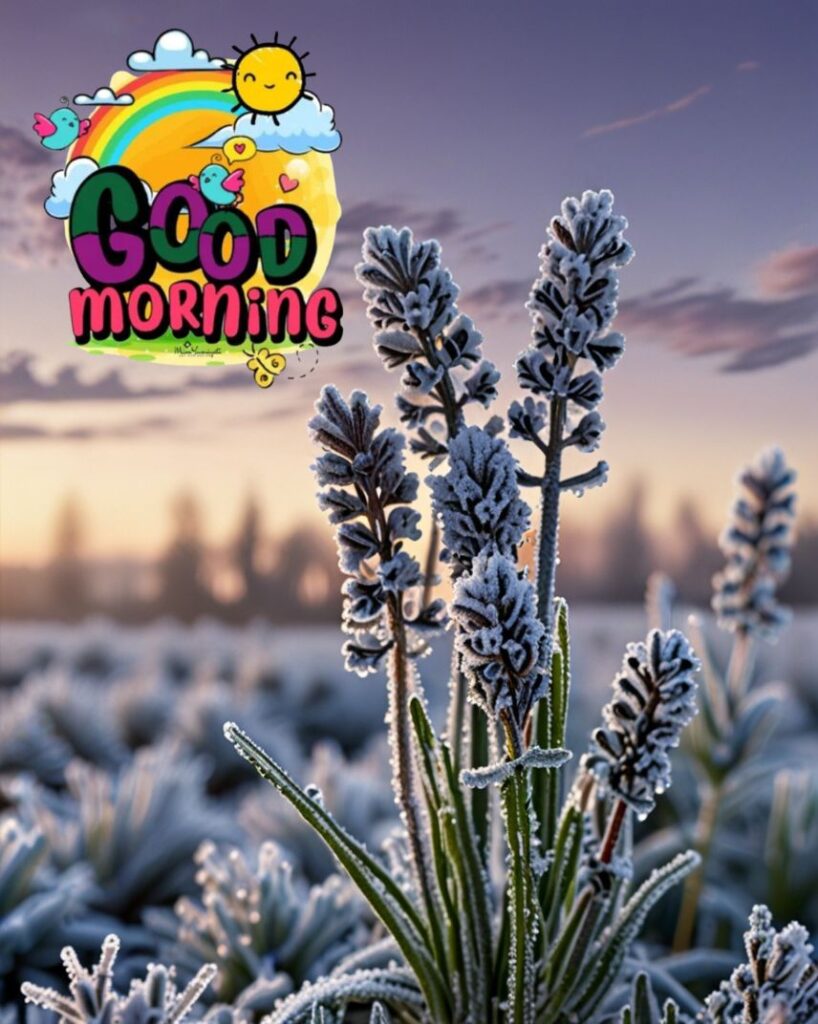 20+ Cute Simple Good Morning Images That Make You Smile Instantly 10 Frost-kissed lavender stems under a pale winter sky, with delicate ice crystals on each bud.