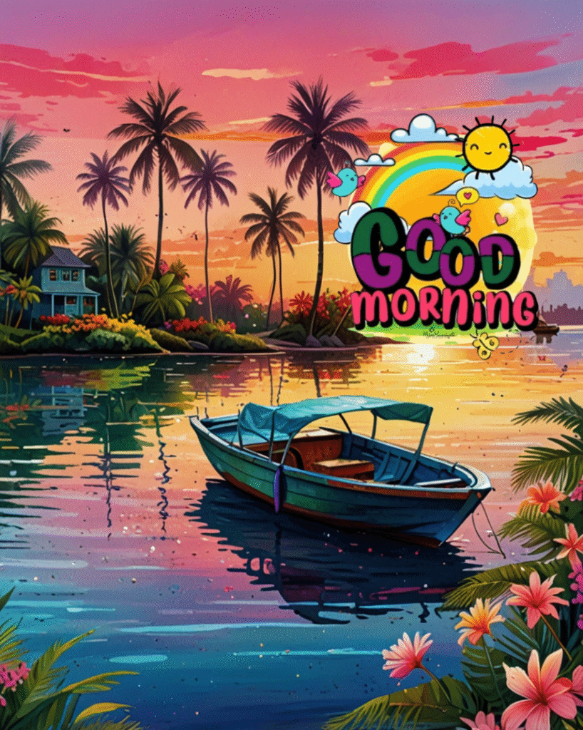 Boat on tropical lake at sunrise with good morning message