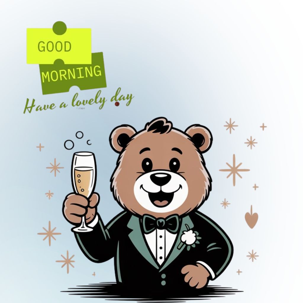20+ Good Morning Image to Start Mornings with Smiles 6 Cartoon bear in a tuxedo holding a champagne glass with "Good Morning, Have a lovely day" text above