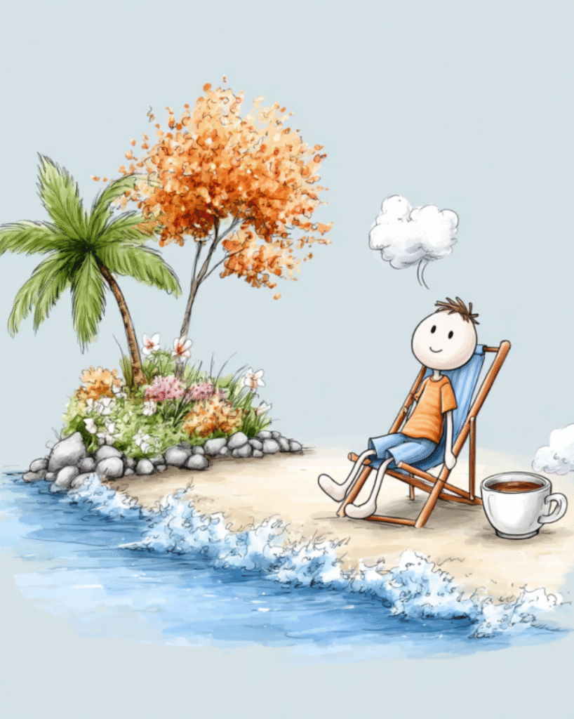 Cartoon boy relaxing on beach with coffee, trees, ocean waves wallpaper