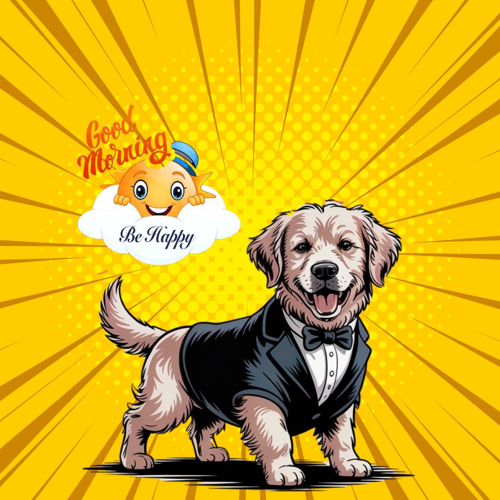 20+ Good Morning Image to Start Mornings with Smiles 4 Cartoon dog in a tuxedo with a smiling sun and “Good Morning, Be Happy” message on a bright yellow background