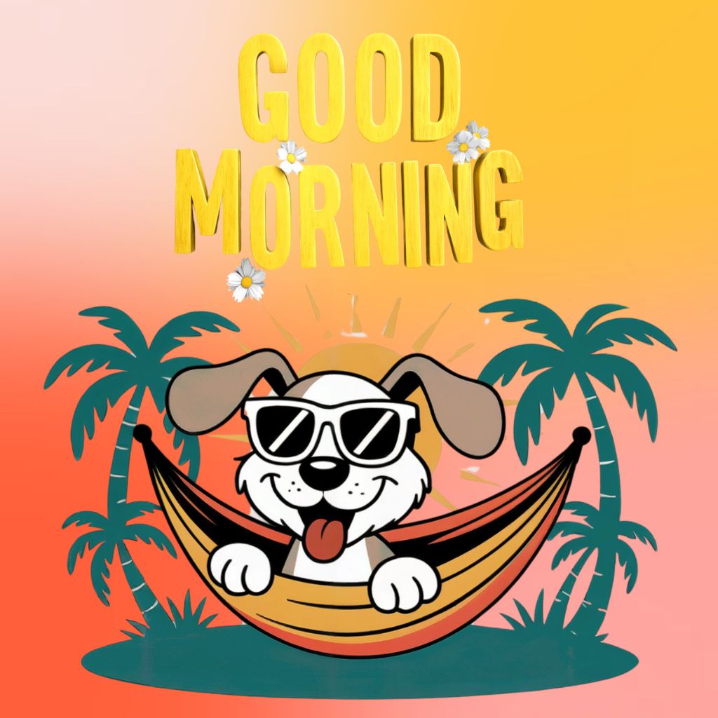 20+ Good Morning Image to Start Mornings with Smiles 18 Cartoon dog wearing sunglasses relaxing in a hammock between palm trees with a "Good Morning" greeting above.