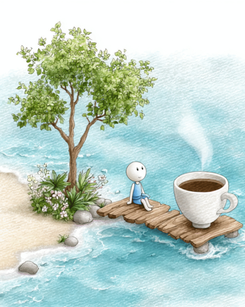 Cartoon figure on dock beside giant coffee cup and tree beach wallpaper