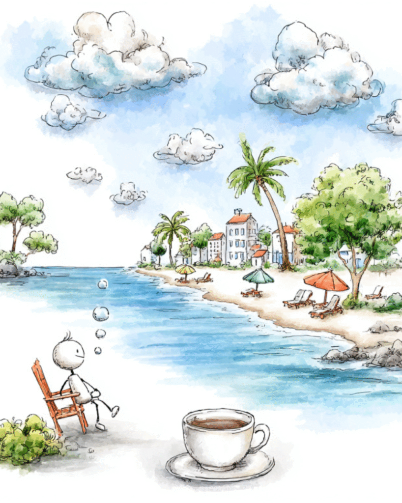Cartoon figure relaxing near beach town, coffee cup, cloudy sky wallpaper