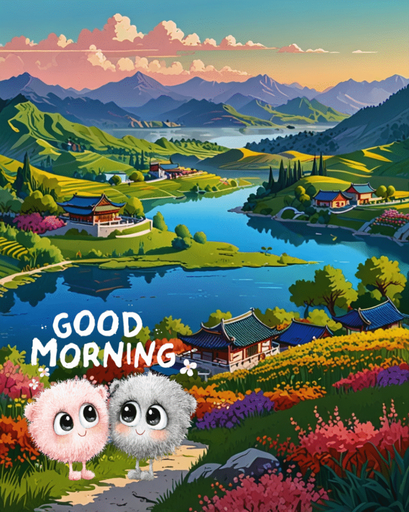 Cartoon fluff characters in colorful valley with Good Morning wishes
