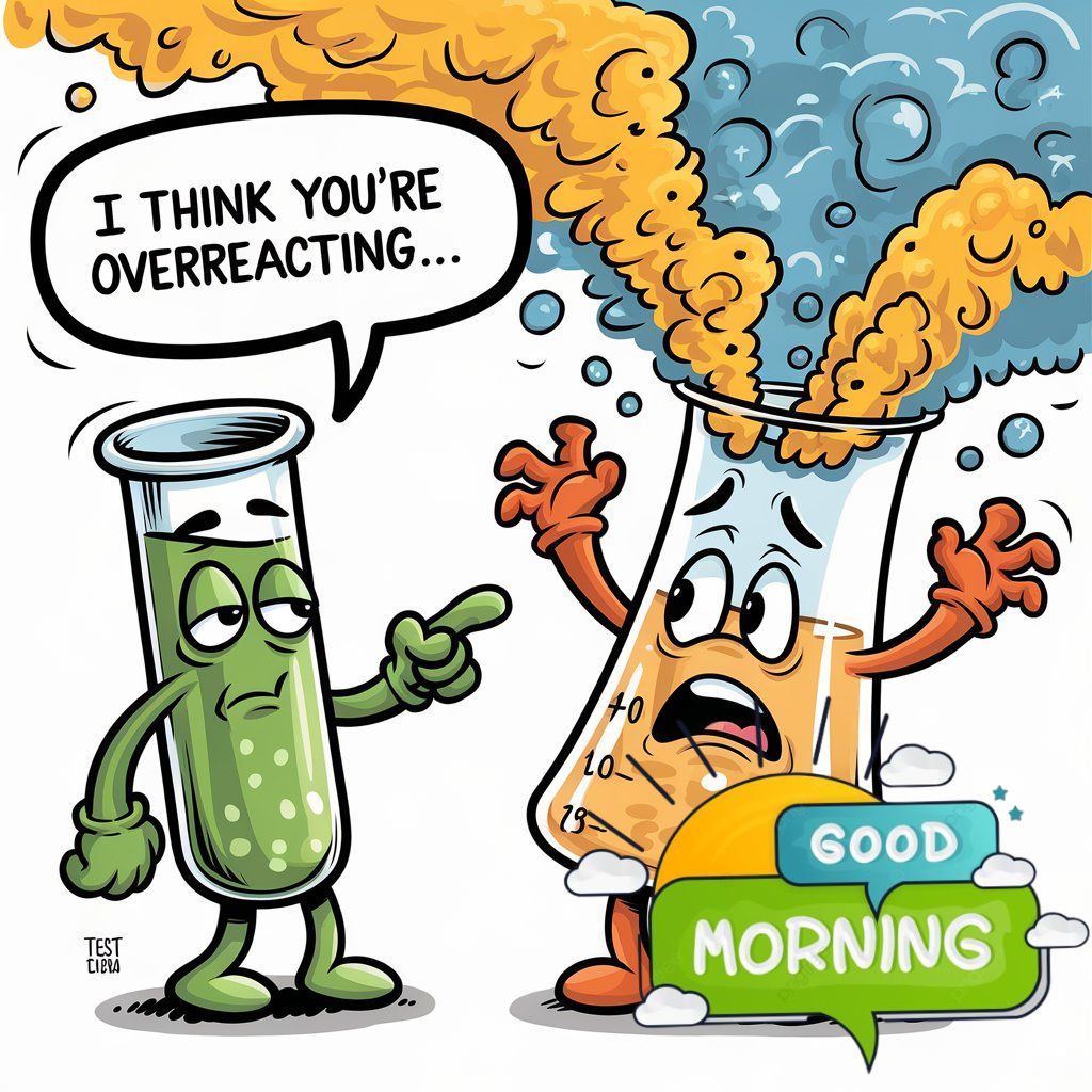 20+ Good Morning Image to Start Mornings with Smiles 13 Cartoon of a calm test tube telling an exploding beaker, "I think you're overreacting," with a "Good Morning" message