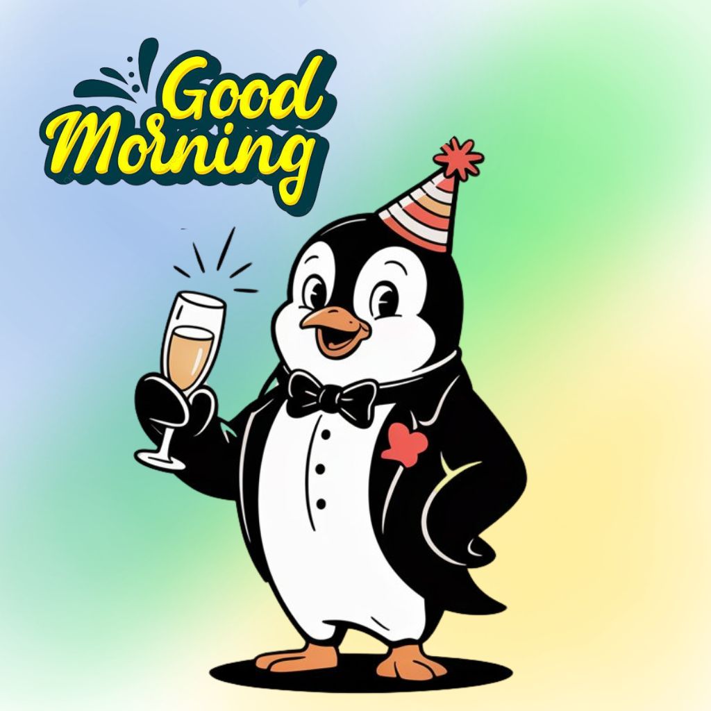 20+ Good Morning Image to Start Mornings with Smiles 20 Cartoon penguin in a tuxedo and party hat holding a champagne glass with a “Good Morning” greeting