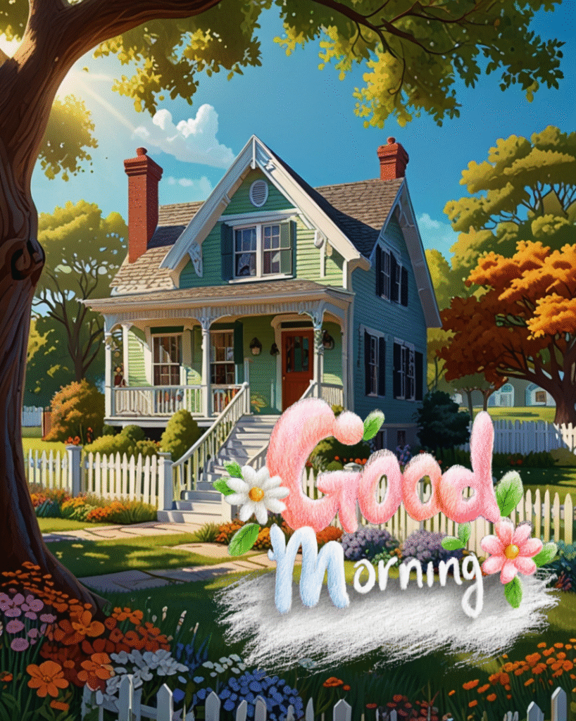 Charming green house with flowers, sunshine, and good morning greeting