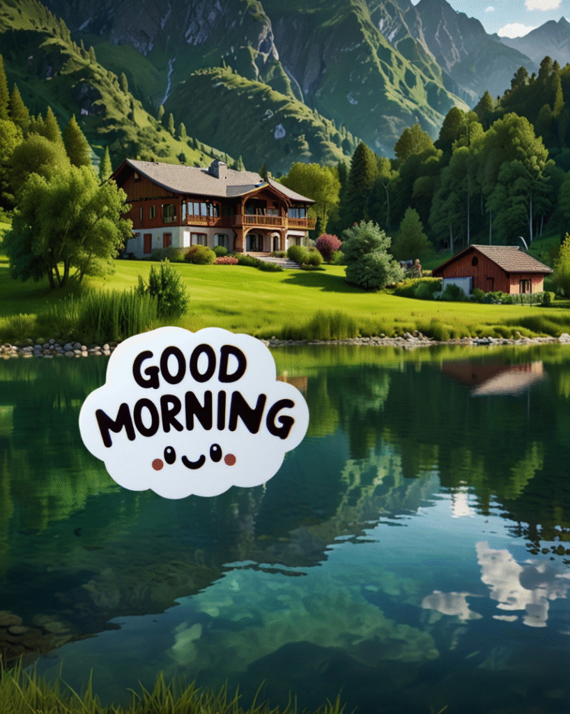 Charming house by lake, mountains, and Good Morning cloud graphic