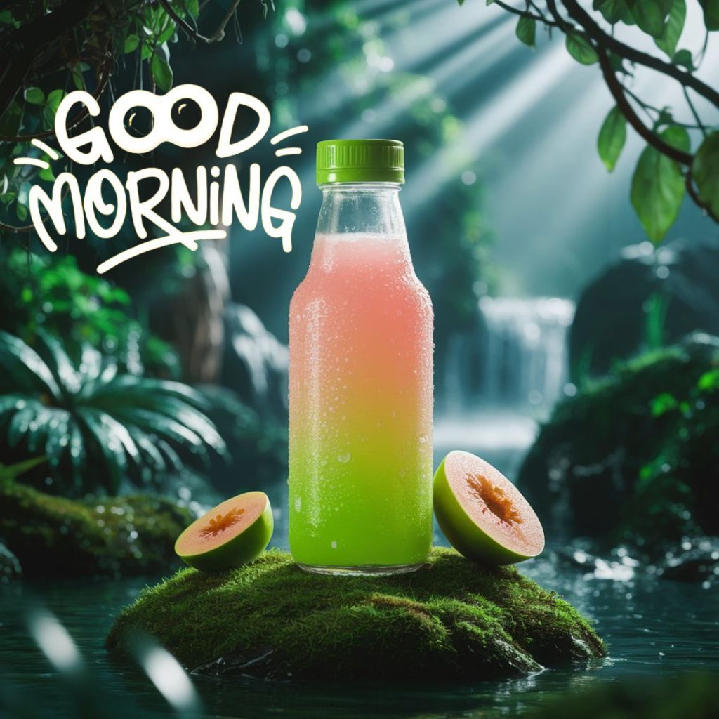 20+ Good Morning Image to Start Mornings with Smiles 14 Chilled two-tone juice bottle with green and pink hues, placed on moss in a lush jungle with a “Good Morning” message
