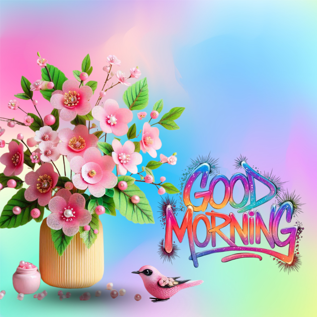 Colorful Good Morning text with flowers and bird in vase
