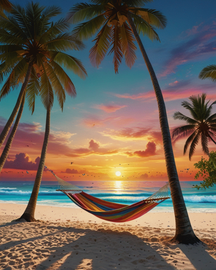 Colorful hammock between palm trees during sunset on tropical beach wallpaper