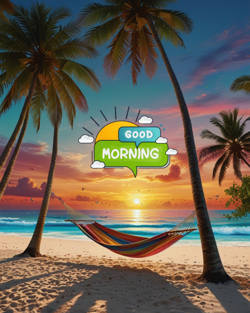 Colorful hammock on tropical beach at sunrise with palm trees and good morning wishes