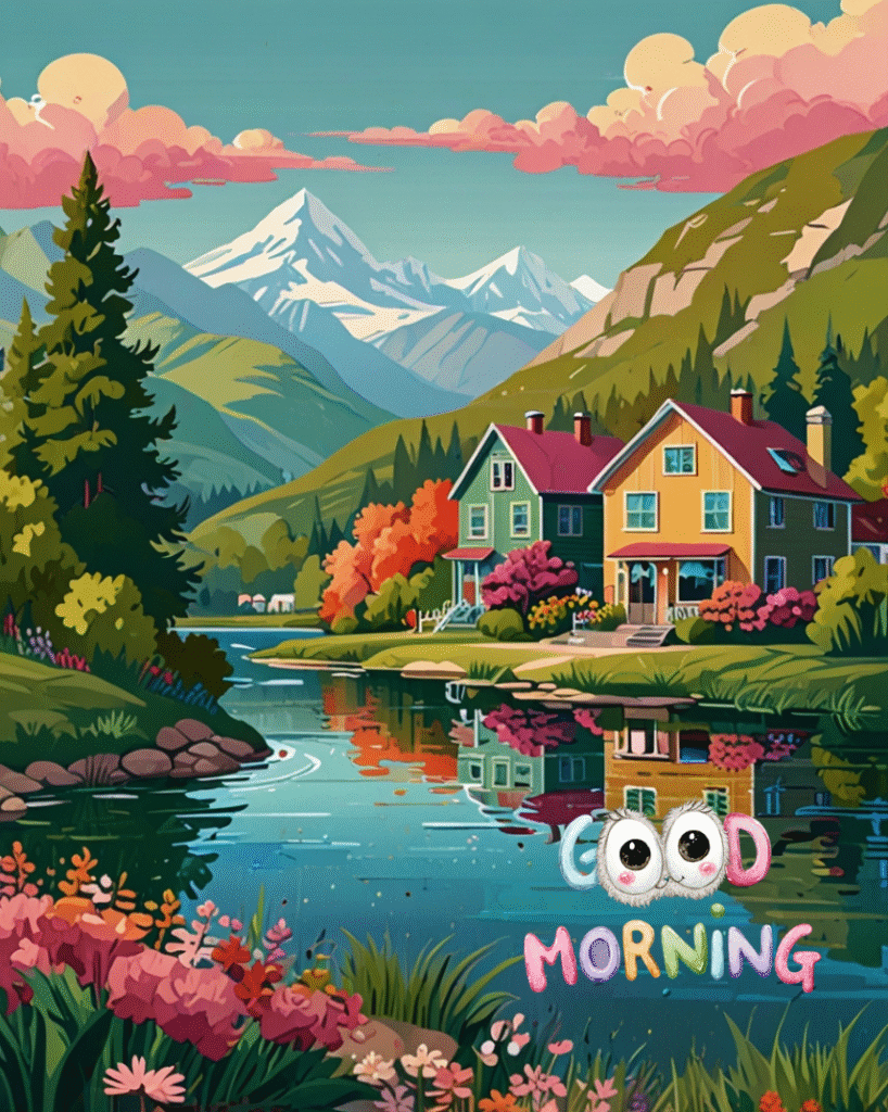 Colorful houses by lake, mountain backdrop, flowers, and Good Morning