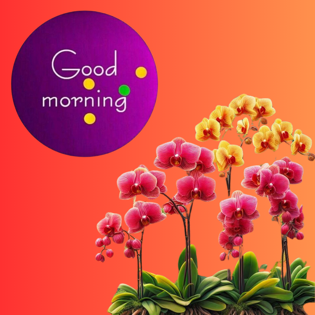 Colorful orchids with Good Morning message on orange and purple background