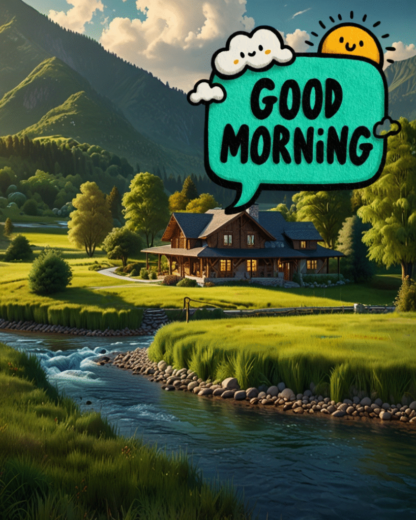 Cozy cabin by stream, sunny mountains, cheerful good morning graphic