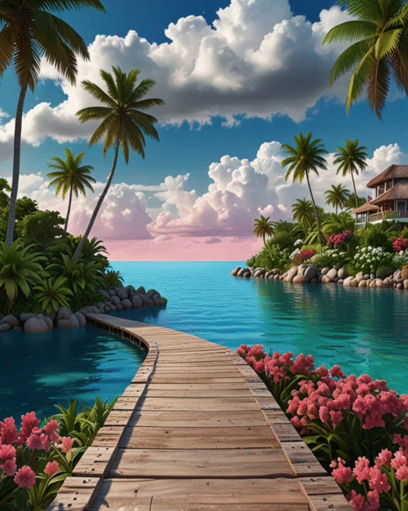 Curved boardwalk over turquoise water with palm trees and flowers wallpaper