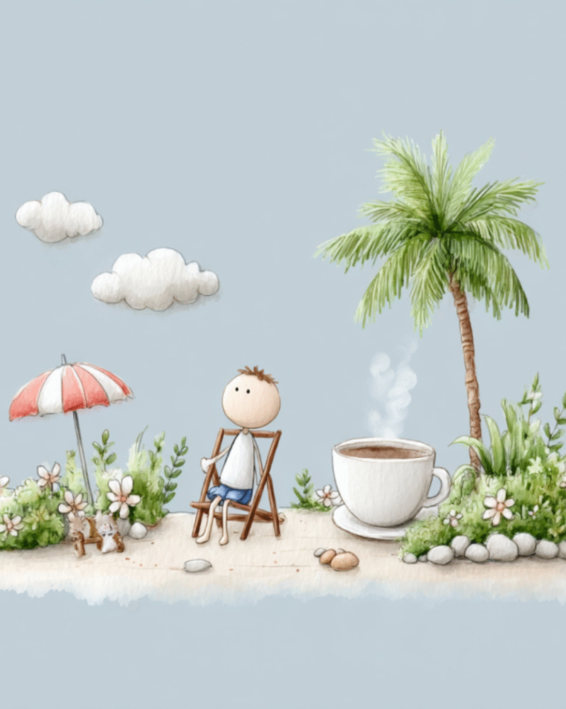Cute beach scene with coffee, palm tree, and umbrella wallpaper