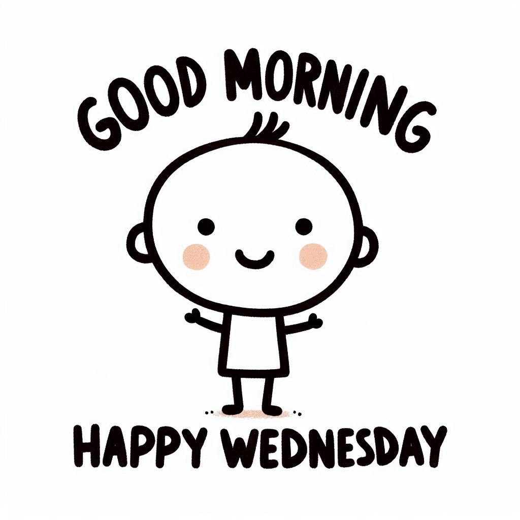 30+ Good Wednesday Morning Blessings Images for Free Download 13 Cute cartoon baby with a smiling face, rosy cheeks, and text that says “Good Morning, Happy Wednesday” in bold letters