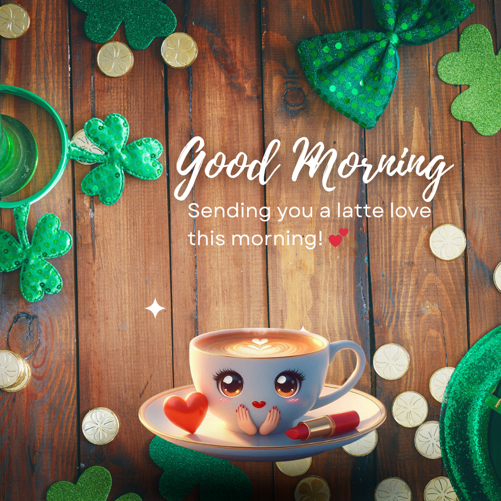 20+ Good morning coffee images 15 Cute coffee cup with good morning message hearts lipstick and clovers around