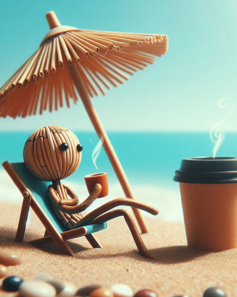 Cute stick figure relaxing on beach chair with coffee cup wallpaper