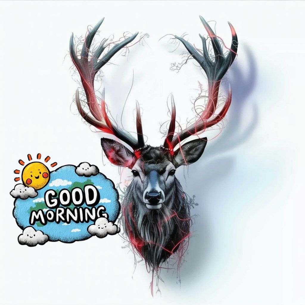 20+ Good Morning Image to Start Mornings with Smiles 15 Digital art of a majestic deer with glowing red antlers on a light background, alongside a cheerful “Good Morning” message