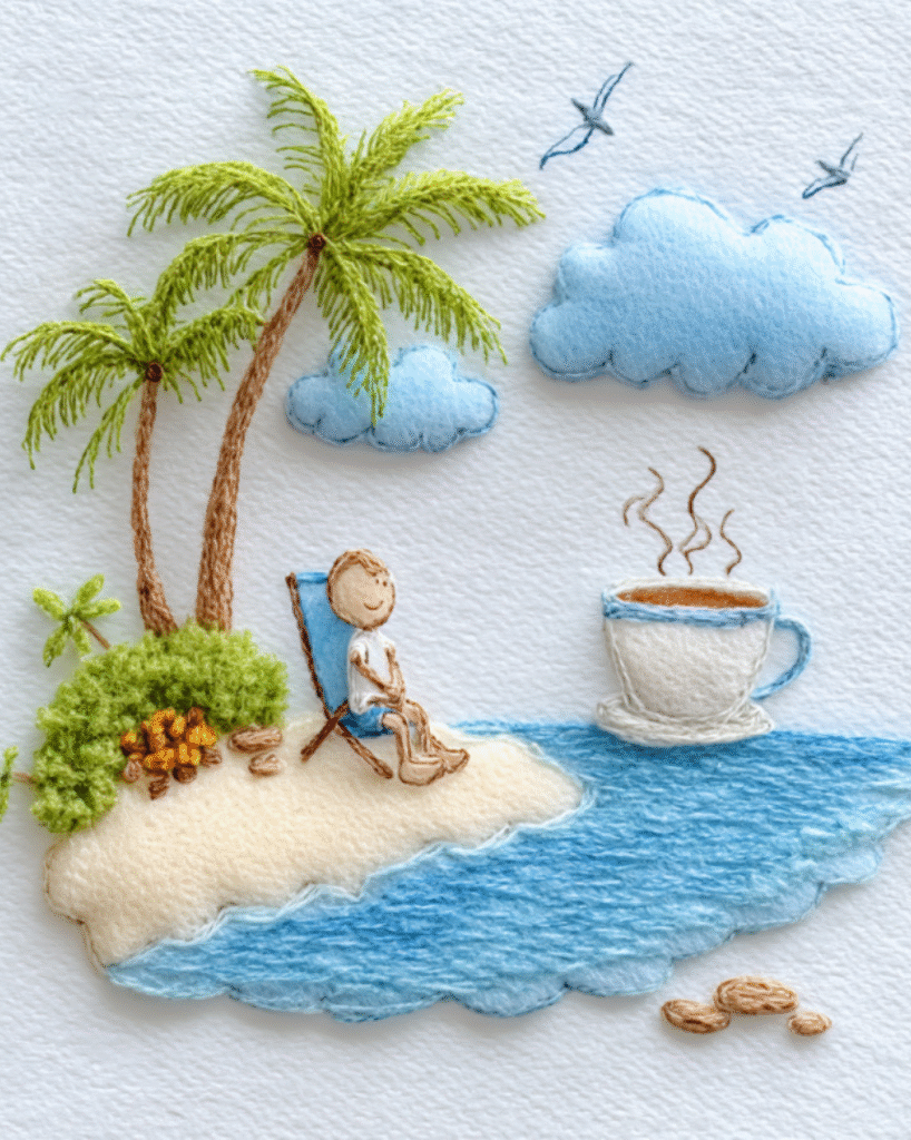 Embroidery beach scene with coffee, palm trees, clouds, and boy wallpaper