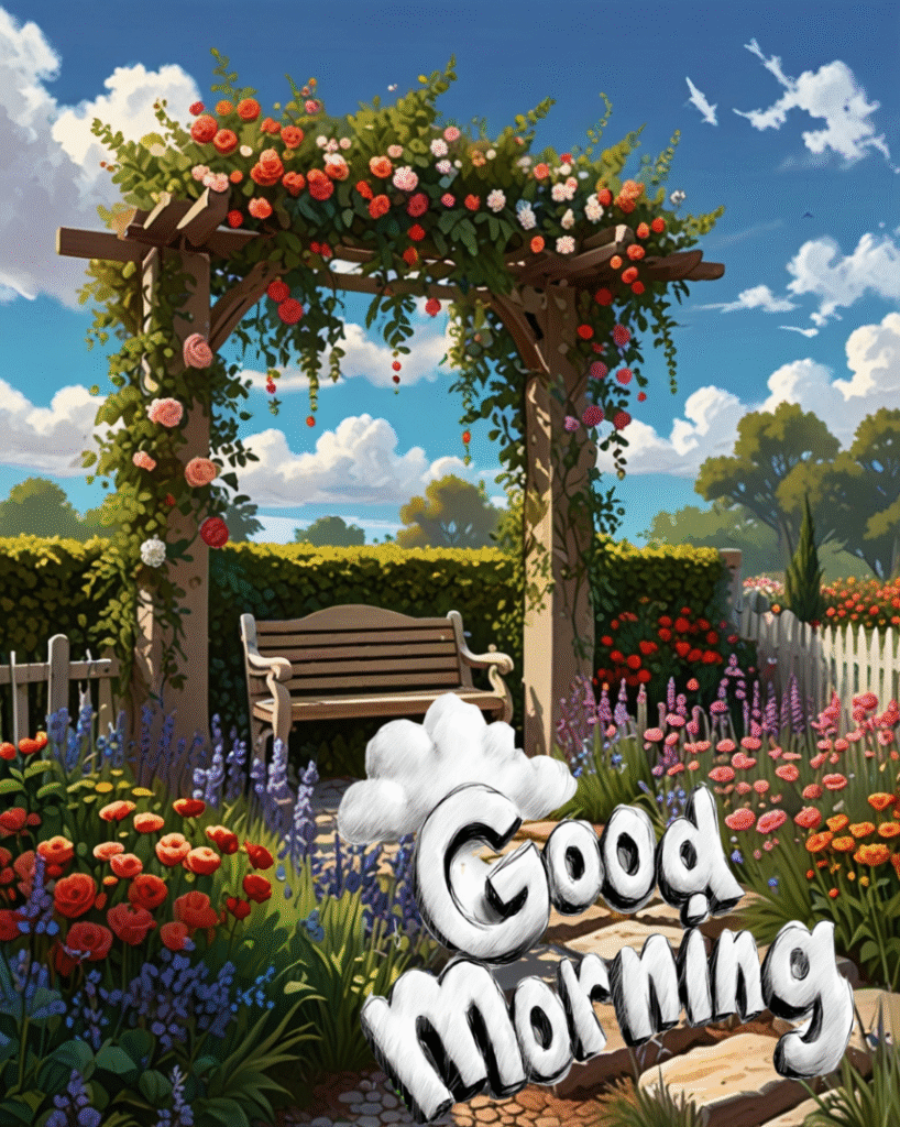 Floral garden arch with bench, bright flowers, and Good Morning