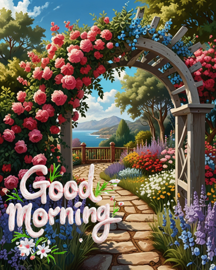 Garden arch with roses, seaside path, and Good Morning wishes