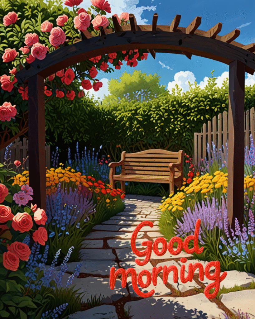 Garden bench under rose-covered arch with Good Morning wishes