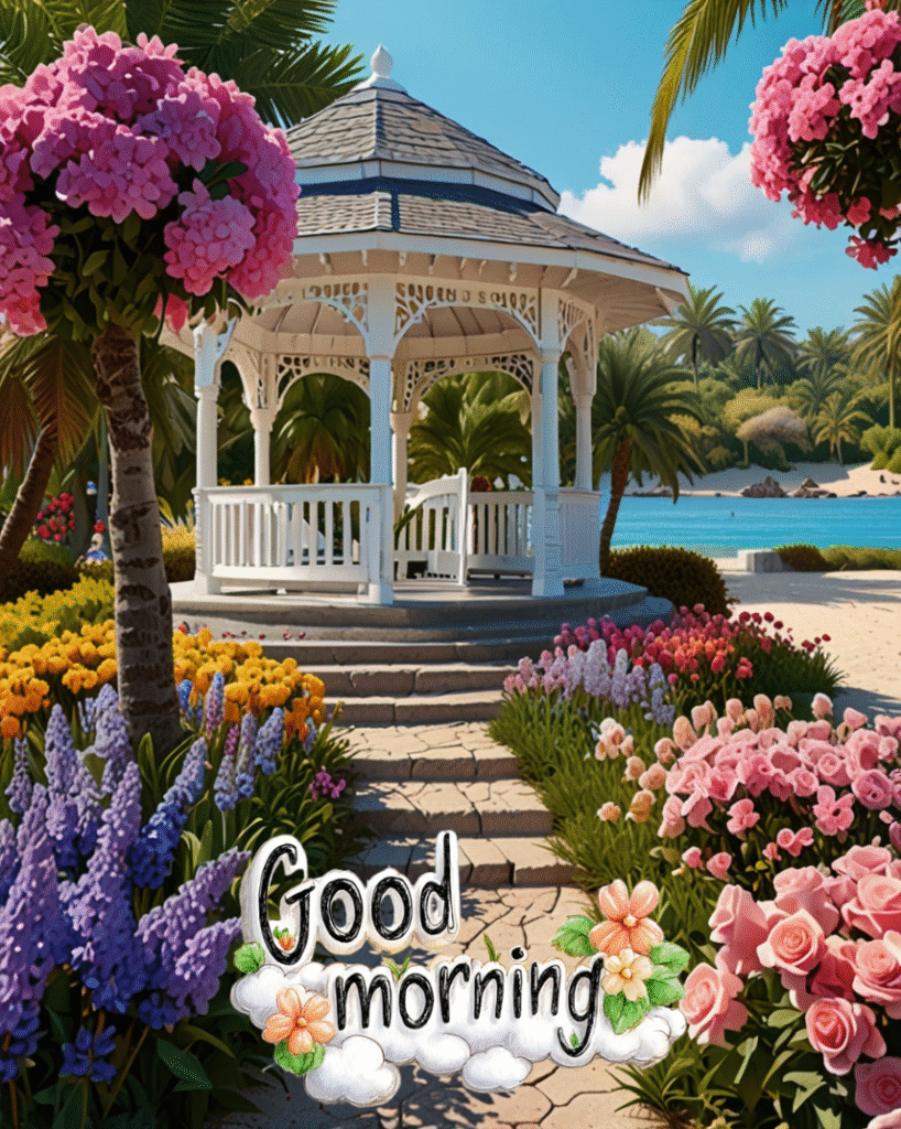 Gazebo, tropical garden, colorful flowers, palm trees, good morning text