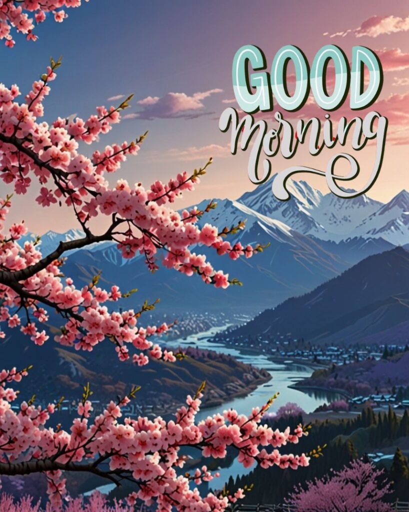 20+ Cute Simple Good Morning Images That Make You Smile Instantly 7 Cherry blossom branches in full pink bloom against a backdrop of distant snow-capped mountains