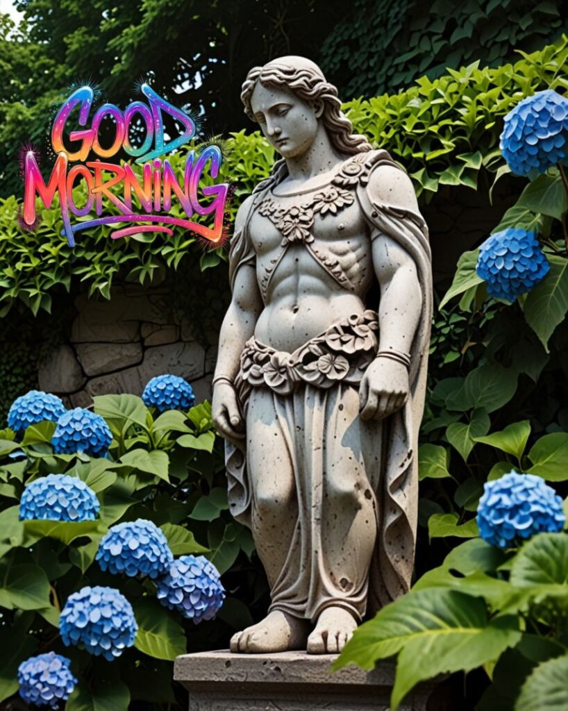 20+ Cute Simple Good Morning Images That Make You Smile Instantly 9 A weathered stone statue nestled among overgrown ivy and blooming hydrangeas.
