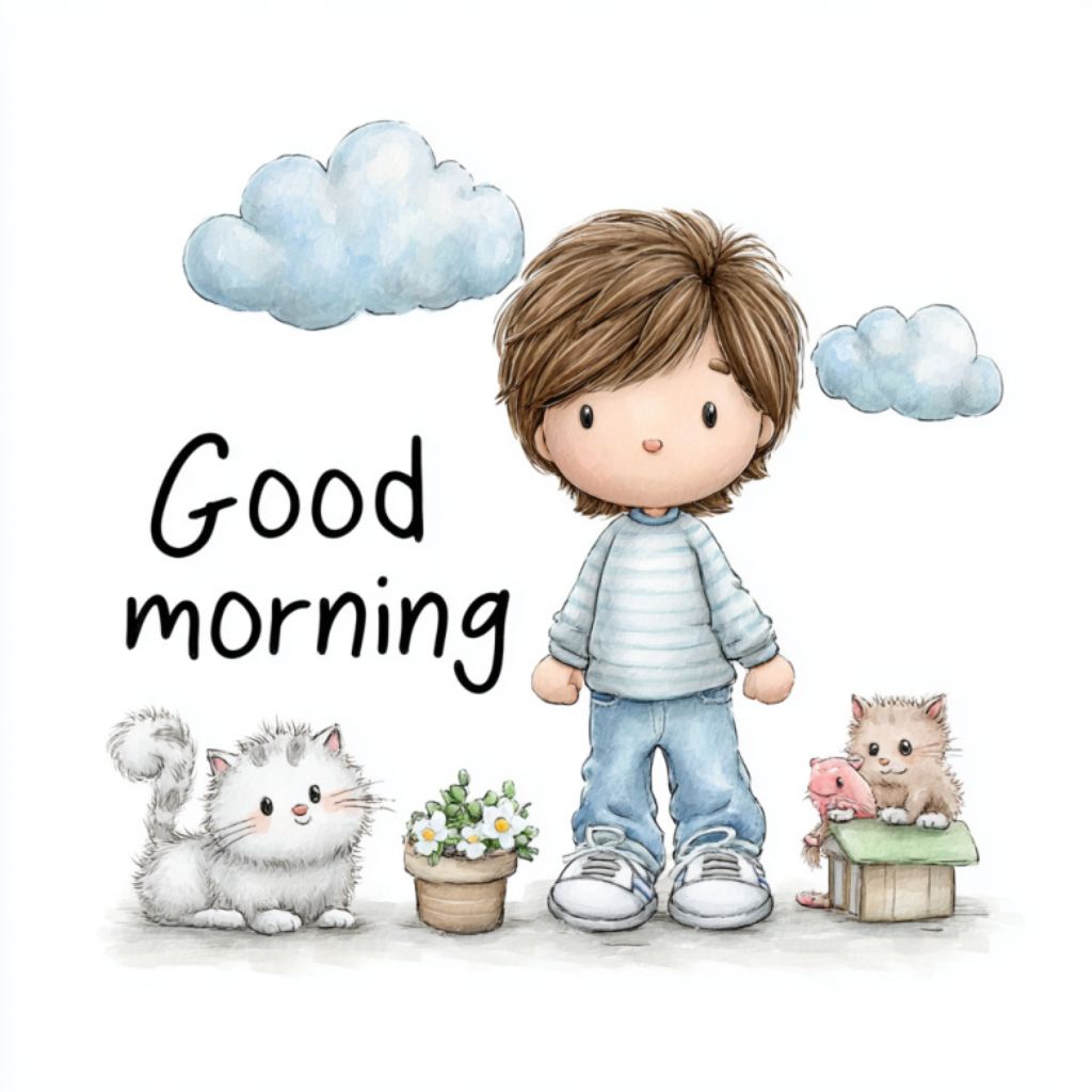 Cute illustration of a little boy standing with fluffy cats, a flower pot, and toy animals under a cloudy sky, with the text "Good morning" beside him