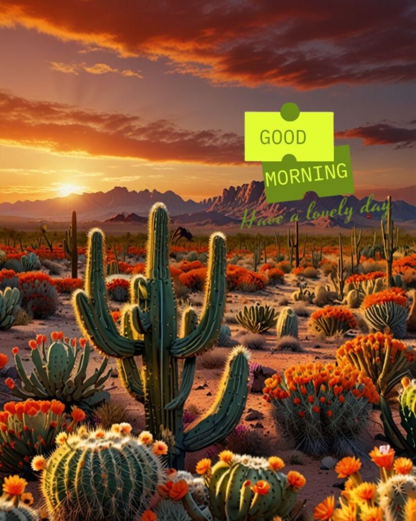 20+ Cute Simple Good Morning Images That Make You Smile Instantly 6 A fiery sunset over a desert landscape with blooming cacti and orange-hued rock formations