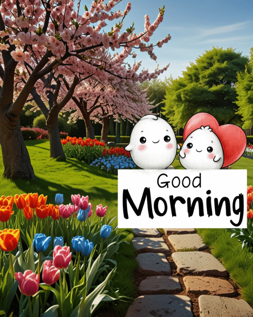 Good morning garden, cherry blossoms, tulips, cartoon hearts, sunshine