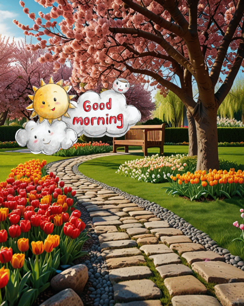 Good morning garden path, tulips, cherry blossoms, sunny sky