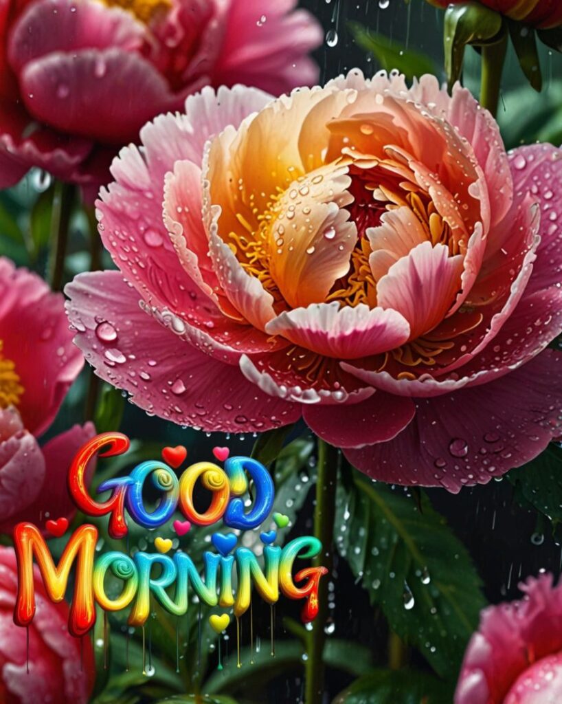 20+ Cute Simple Good Morning Images That Make You Smile Instantly 8 Raindrops clinging to vibrant peony petals in a garden after a summer storm